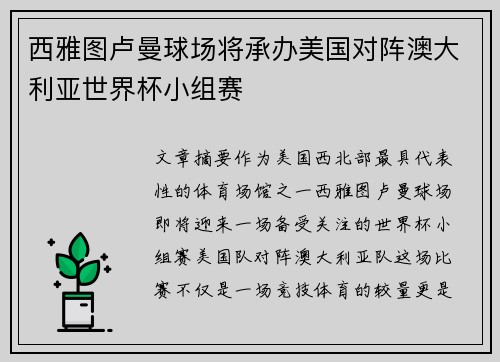 西雅图卢曼球场将承办美国对阵澳大利亚世界杯小组赛 西雅图卢曼球场将承办美国对阵澳大利亚世界杯小组赛